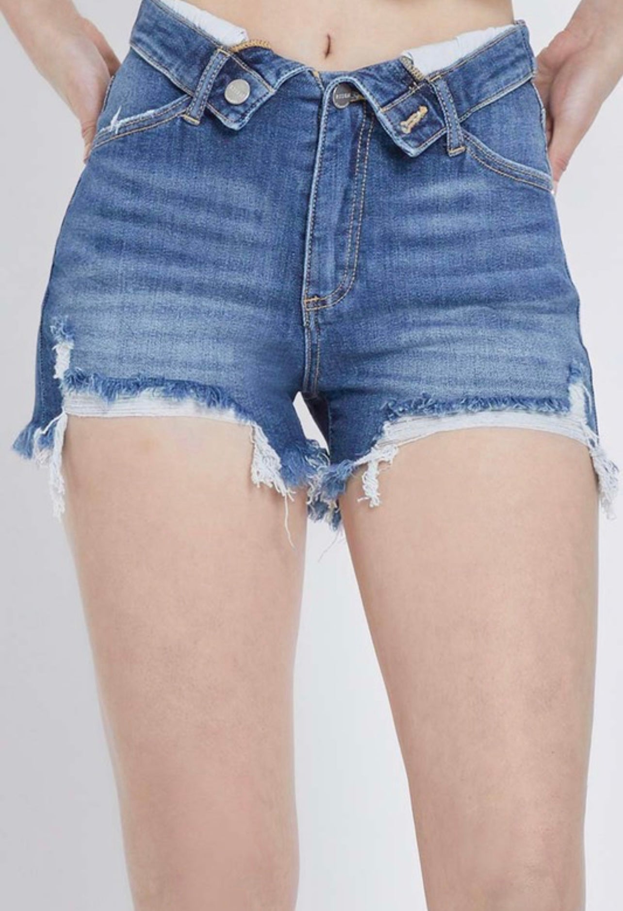 Fold Over Distressed Denim Shorts